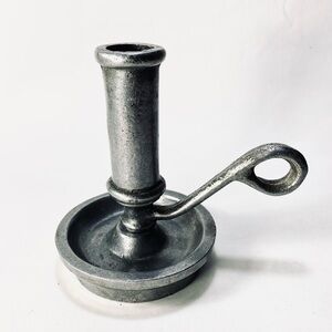 Vintage Colonial Style Candlestick Holder with Finger Loop Pewter Silver Metal
